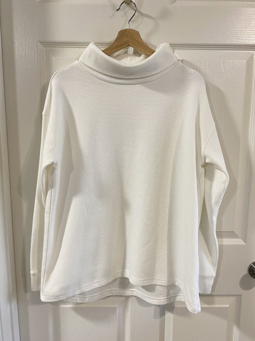 Lands' End Waffle Funnel Neck Tunic Sweater White WMNS L Preppy Winter Casual